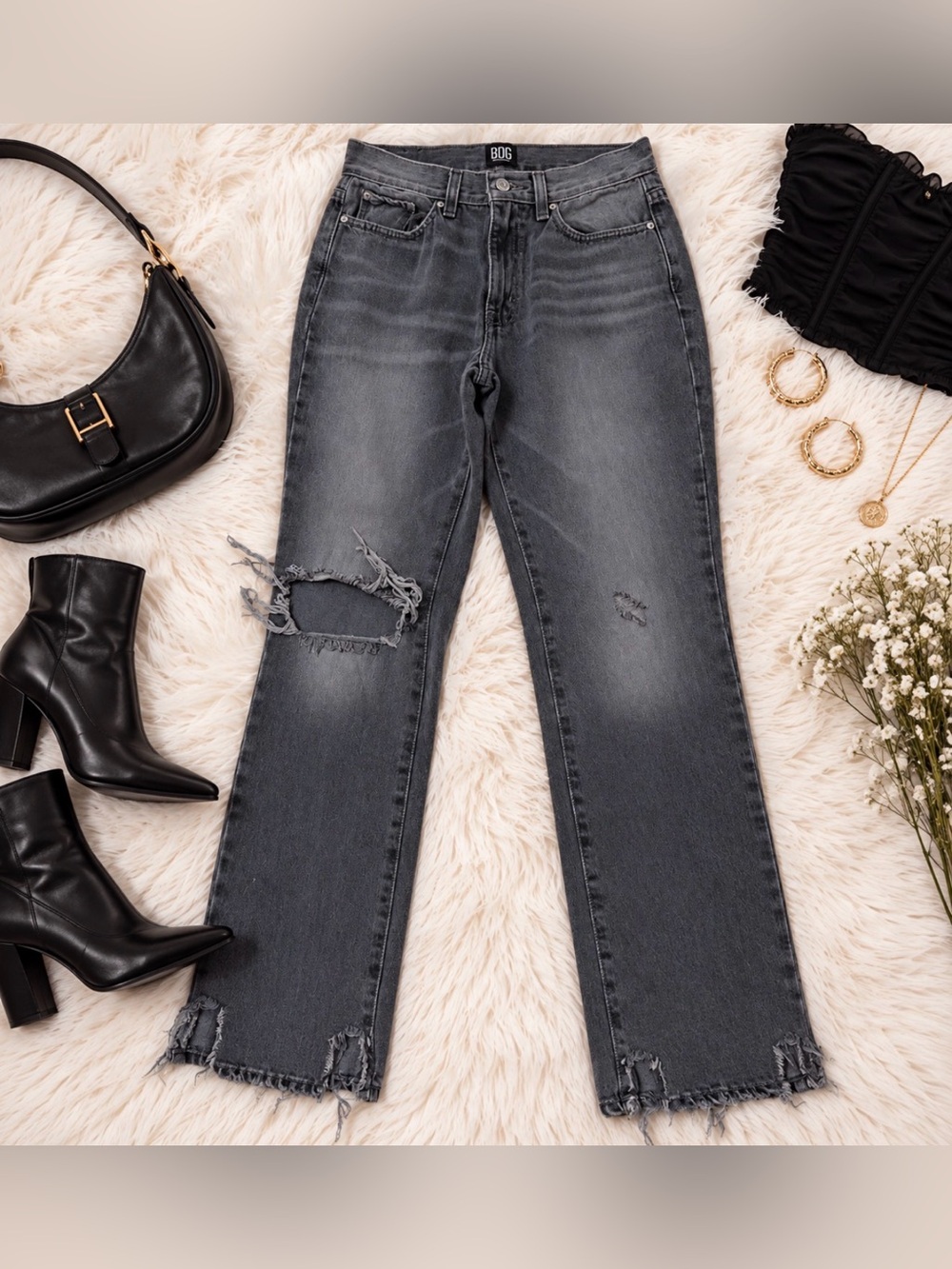 Mid Rise Bootcut Jeans In Destroyed Gray